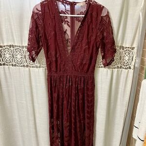 Burgundy Plunge Neck Maxi Dress With Shorts
